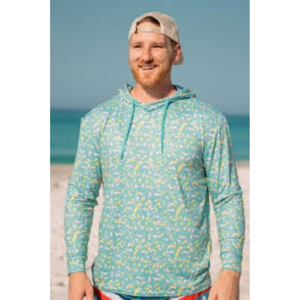 NWT Burlebo Electric Storm Performance Hoodie Mens L 80s Style Print Blue
